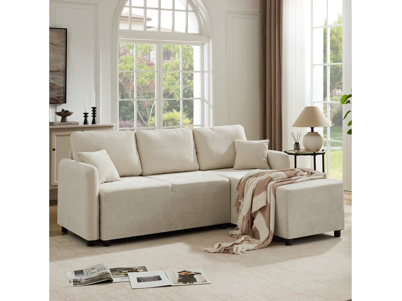  Canapé d'angle 3 places avec méridienne à droite, 2 coussins et assise en mousse, en chenille beige clair  - Conforama D