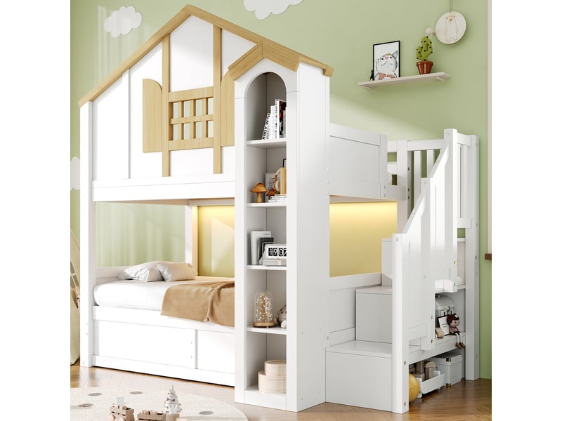 Lit superposé 90x200 cm, lit enfant, rangement hydraulique, escalier avec rangement, led, bois de pin blanc, style cabane - Conforama A