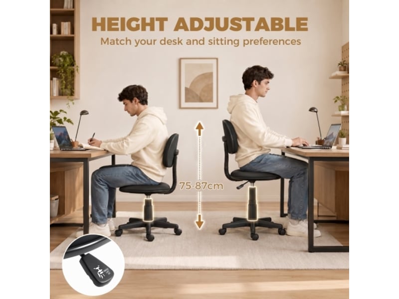  Chaise de bureau sans accoudoirs, réglable en hauteur, roulettes 360°, dossier bas, noir  - Conforama D