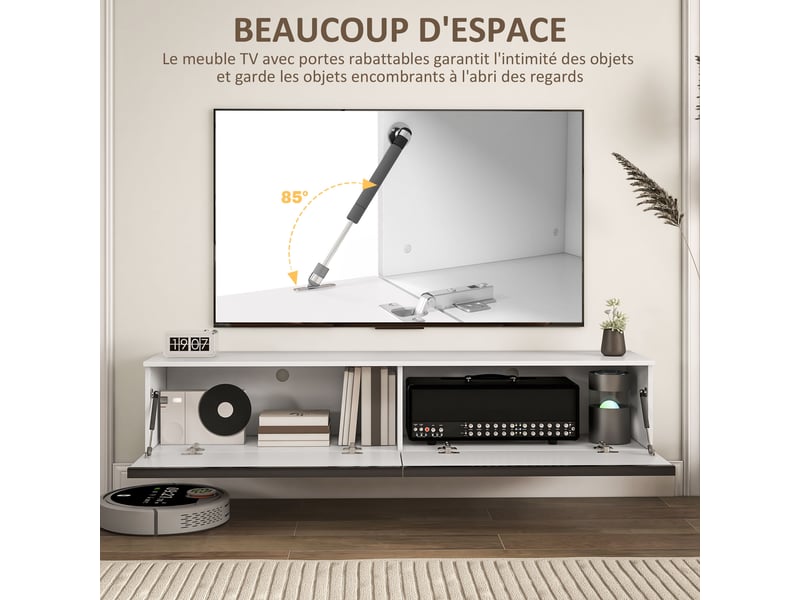  Meuble tv suspendu avec placard, pour téléviseurs jusqu'à 70 pouces, blanc, effet brillant  - Conforama E
