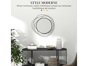 Miroir rond en métal filaire noir, diamètre φ65 cm, décoration style moderne