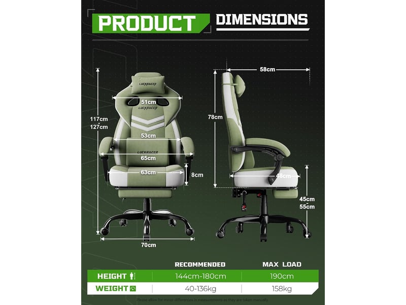  Gtplayer chaise de jeu en tissu avec accoudoirs synchronisés, inclinaison de 90-155° et repose-pieds - vert - double ligne LR408-GE-DL-FA - Conforama B