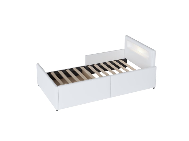  Lit enfant 90x200 cm en similicuir blanc, veilleuse, usb, rangements et barrières latérales hautes  - Conforama E