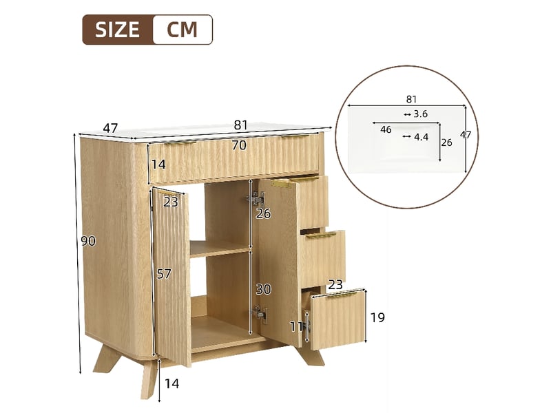 Meuble salle de bain 81 cm sur pied avec vasque en céramique, 3 tiroirs et portes, bois naturel - Conforama E