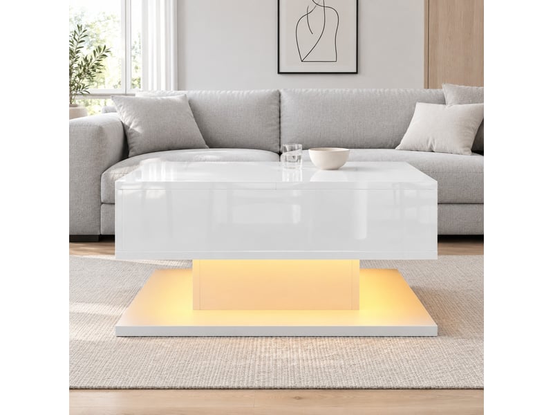  Table basse carrée 72x72 cm blanche brillante avec plateau relevable et led  - Conforama B