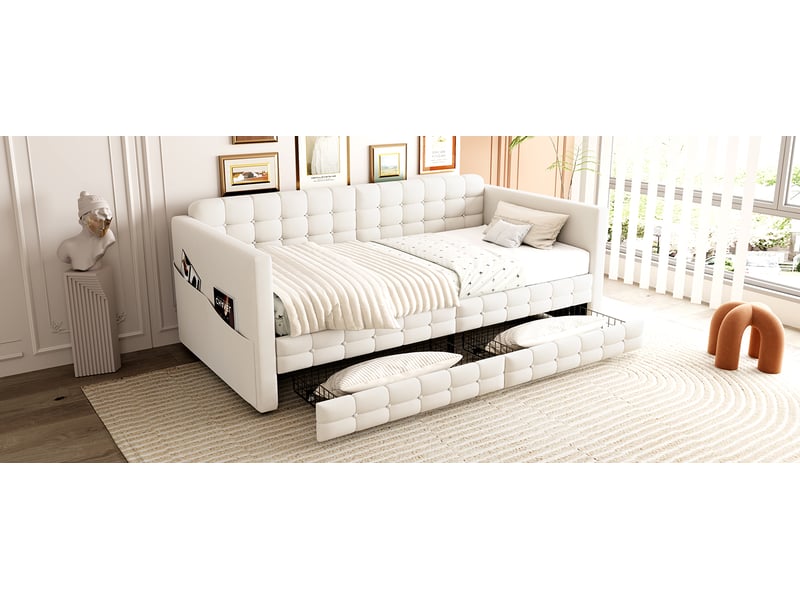  Canapé-lit 90x190 cm, lit enfant, couchage d'appoint, 2 tiroirs, velours beige  - Conforama E