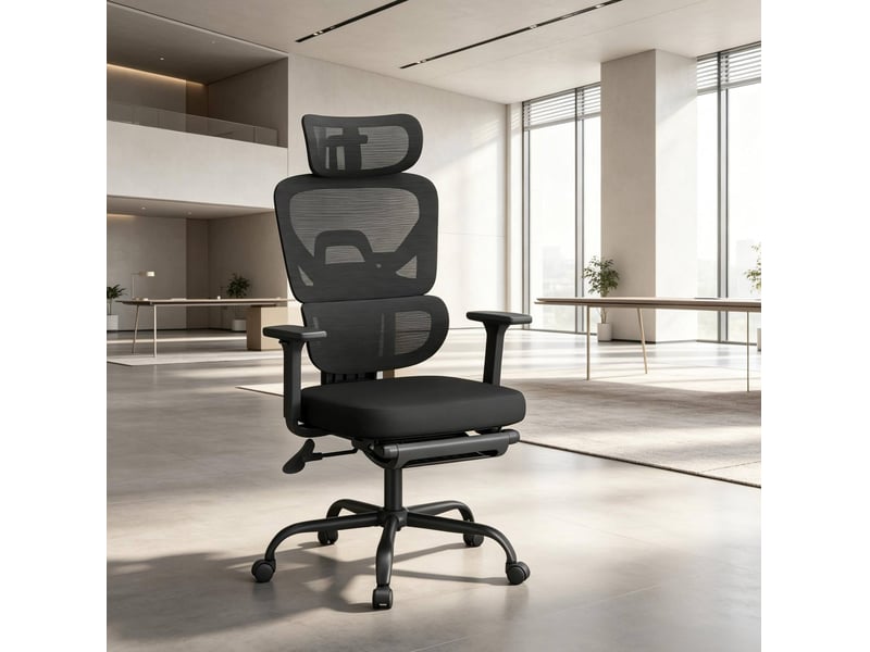  Chaise de bureau ergonomique pivotante avec repose-pieds, appui-tête 3d, en maille, métal et pu noir  - Conforama E