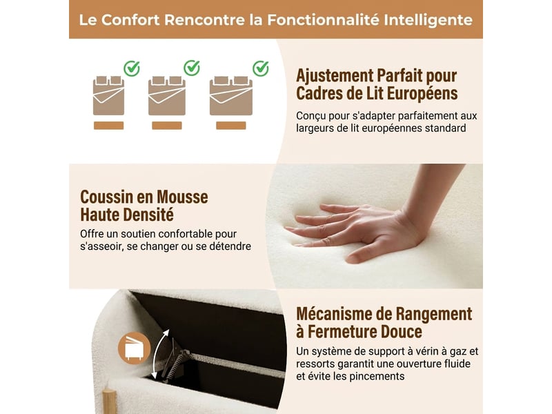  Banc de lit blanc 186 cm avec coffre, tissu bouclette et pieds en bois  - Conforama D