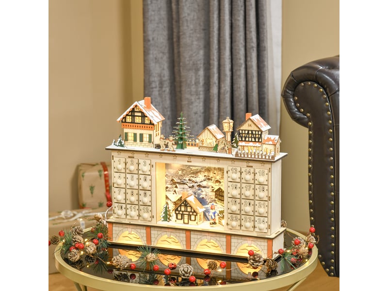  Calendrier de l'avent en bois avec 24 tiroirs à remplir, décorations de village de noël et lumières, 44 x 10 x 37 cm  - Conforama D