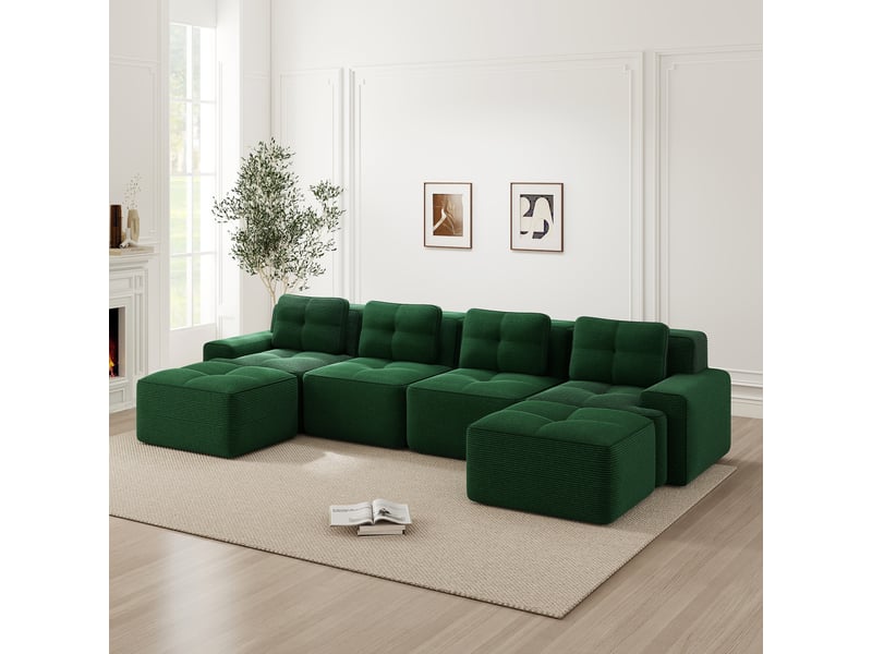 Canapé d'angle, canapé modulable; style cloud, base antidérapante, sans cadre, sans montage, avec méridienne, en velours tricoté, 4 places, forme u - Conforama C