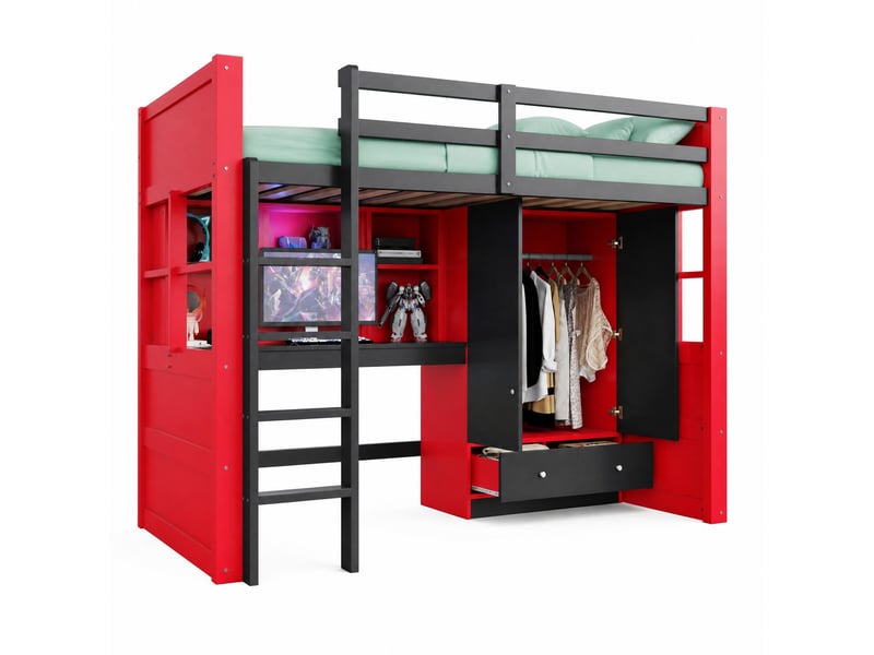 Lit mezzanine 90x200 cm avec bureau, armoire, tiroirs, led, noir et rouge - Conforama A