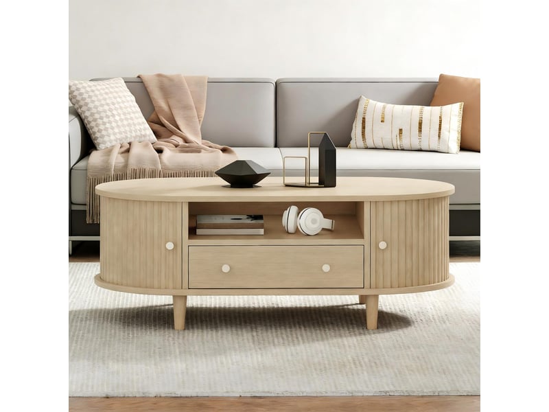  Table basse ovale en mdf couleur bois avec tiroir et rangement 100x50x36 cm - pangivo  - Conforama B