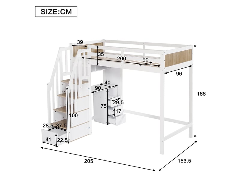 Modenvie lit mezzanine enfant 90x200 cm - bureau 3 tiroirs, rangement integre, sans matelas - blanc  - Conforama C