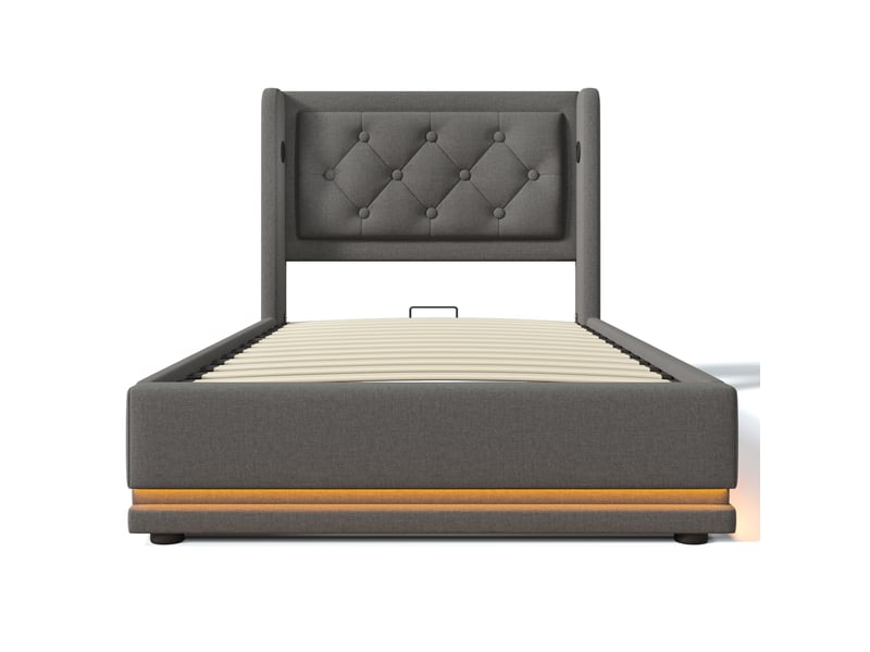 Lit coffre adulte 90x200 cm – gris – led 3 côtés, ports usb et usb-c, tête de lit capitonnée, avec matelas - Conforama D