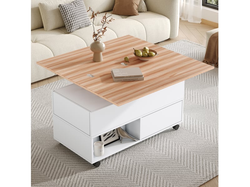  Table basse 100x50x52 cm relevable extensible à roulettes en panneaux de particules blanc et chêne  - Conforama C
