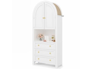 Armoire haute courbée 70x35x180 cm, design élégant avec 3 tiroirs et portes arrondies, mdf, anti-basculement, blanc