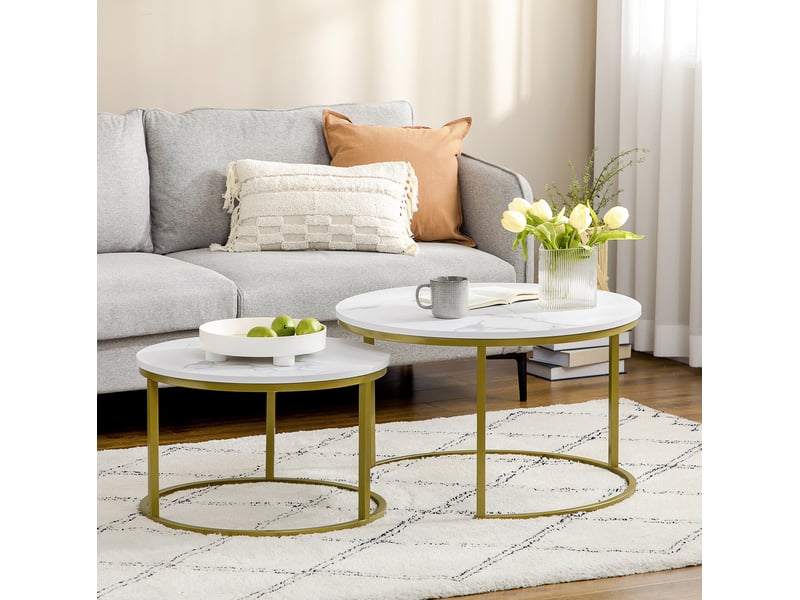  Lot de 2 tables basses rondes blanches effet marbre, structure en acier doré, gigognes pour le salon  - Conforama B