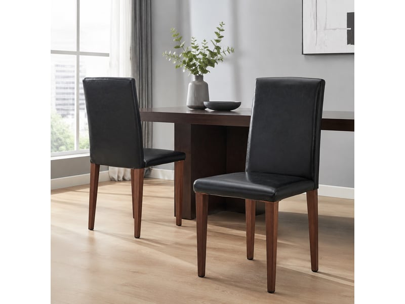  Lot de 2 chaises de salle à manger avec dossier ergonomique  - pieds métal, simili cuir noir noyer  - Conforama C