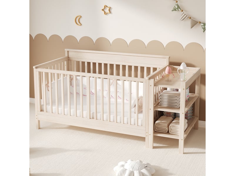  Lit bébé 3 en 1 184.5x74.5x90 cm en bois de pin naturel avec table à langer  - Conforama E