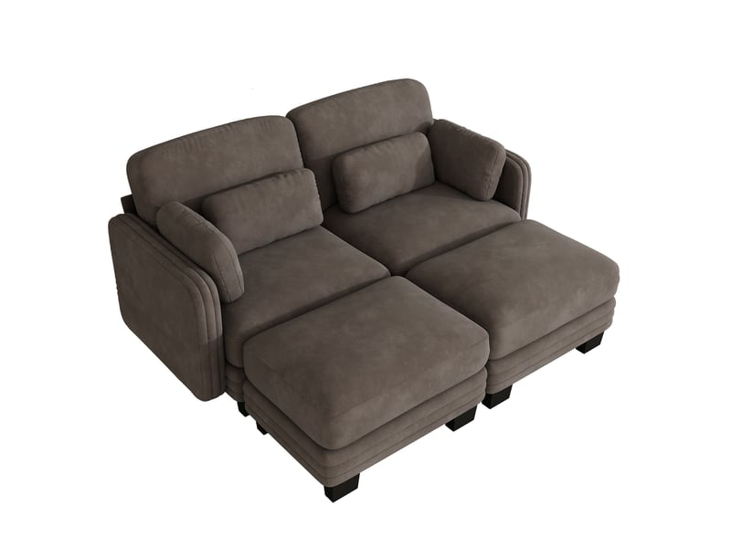 Canapé droit 2 places modulable en chenille marron avec 2 ottomanes - Conforama A