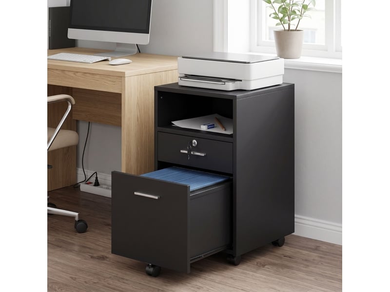  Caisson de bureau mobile noir en mdf, 2 tiroirs dont 1 verrouillable, 5 roulettes, 40 x 40 x 65 cm  - Conforama B