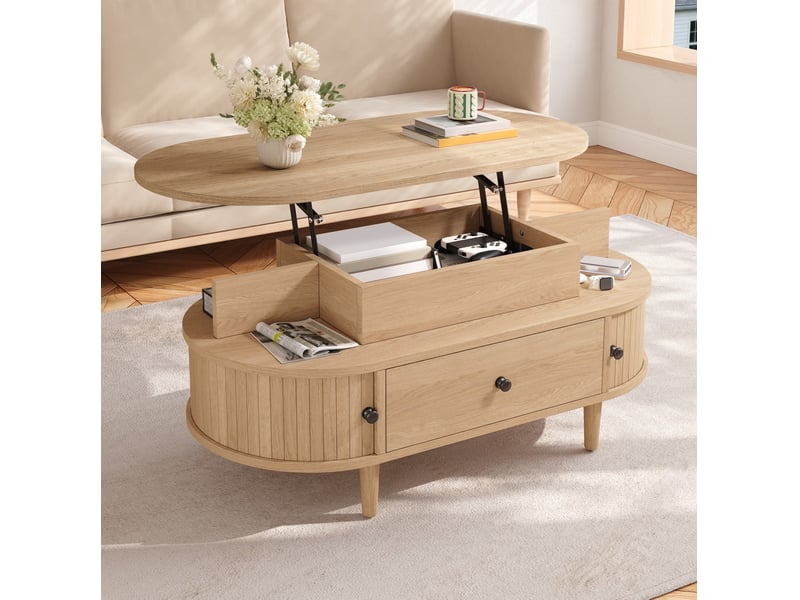 Table basse relevable avec tiroir, 2 portes coulissantes et 2 niches, pour salon, mdf naturel, 105 × 50 × 60,5 cm  - Conforama B