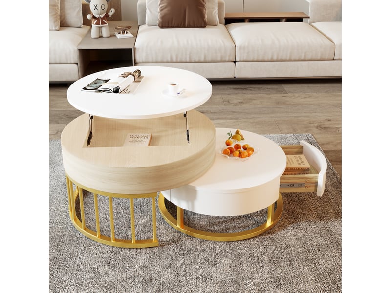  Table basse ronde 70x70x56 cm à plateau relevable mdf blanche et dorée  - Conforama B