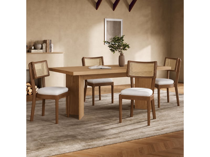  Lot de 4 chaises de salle à manger 50x58x88 cm avec dossier rotin, bois massif, noyer et beige  - Conforama D