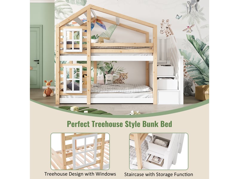  Lit superposé 90x200 - lit cabane enfant - fenêtres - escalier rangement - 2 coffres - garde-corps - 2 sommiers - blanc et naturel  - Conforama C