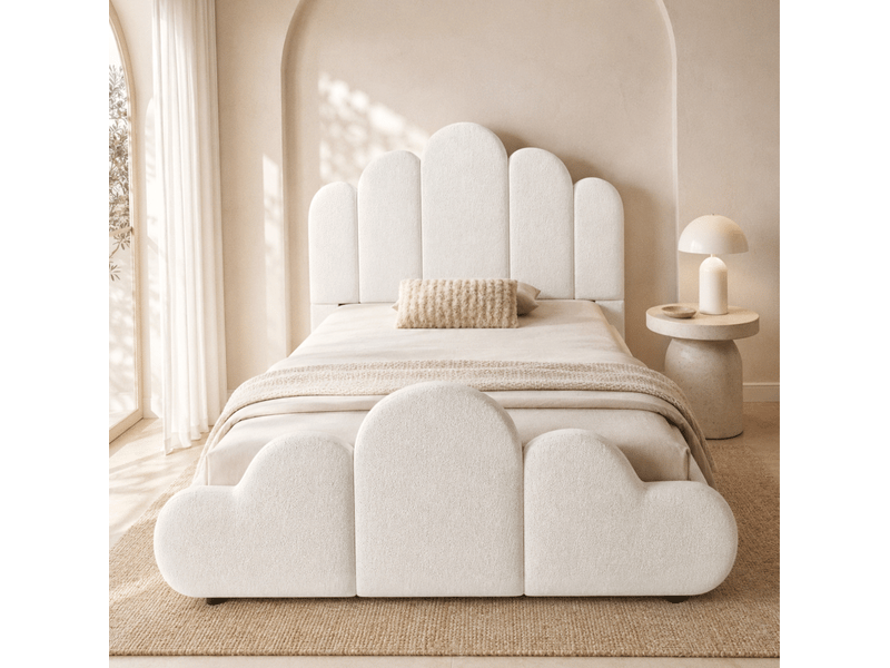  Lit enfant 90x200 cm en bouclé beige avec sommier à lattes et angles arrondis  - Conforama D