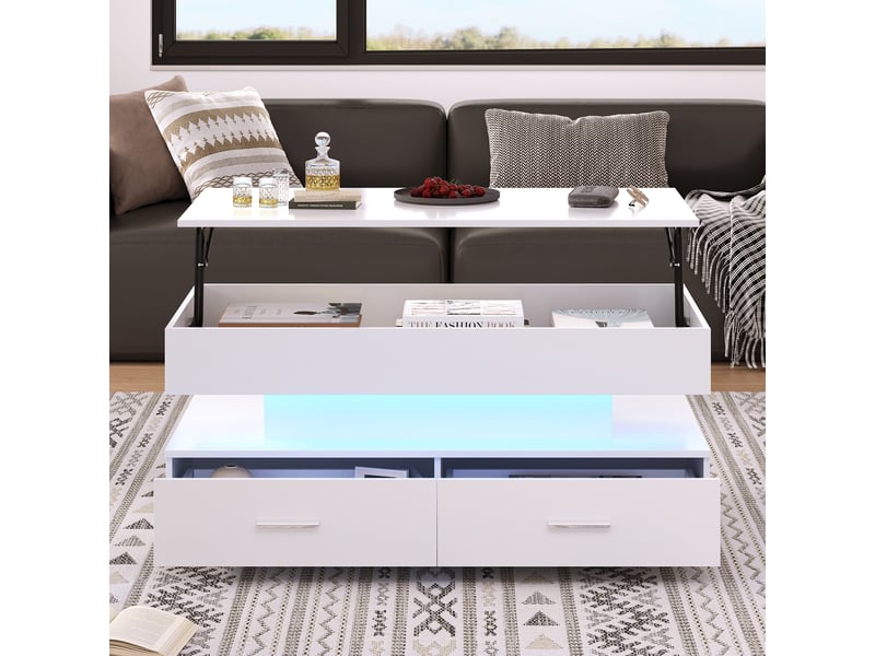  Table basse relevable blanche 100x50 cm avec éclairage led, plateau hydraulique, 2 tiroirs et rangement caché  - Conforama E