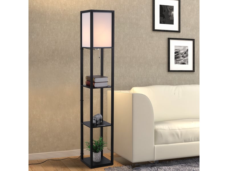  Lampadaire avec compartiments de rangement, lampe moderne en bois, ampoule e27, pour salon, chambre, bureau, noir  - Conforama D