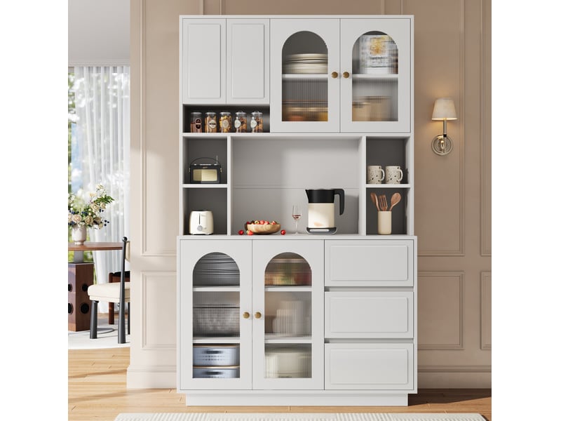  Buffet haut 4 portes, 3 tiroirs, étagères réglables et led pilotée par application pour cuisine blanc 106 × 30 × 175 cm  - Conforama D