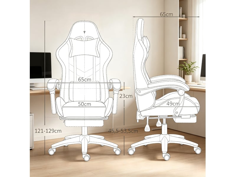  Fauteuil gaming ergonomique 65 x 65 x 121-129 cm – blanc – dossier inclinable à 135° et repose-pieds  - Conforama C