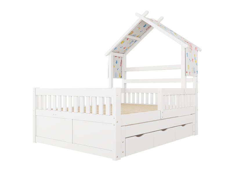  Lit cabane enfant, lit gigogne double 140x200 cm avec 3 tiroirs de rangement et barrières de sécurité, style montessori, blanc  - Conforama A