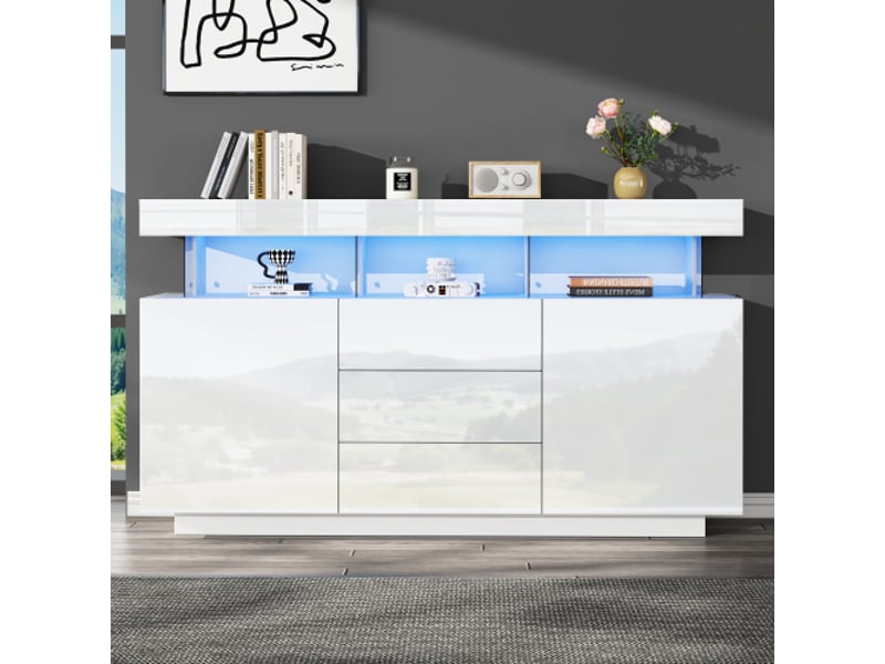  Buffet moderne 140 x 35 x 80 cm, buffet brillant, bar à café, buffet en acrylique avec bande lumineuse led 16 couleurs,(blanc)  - Conforama B