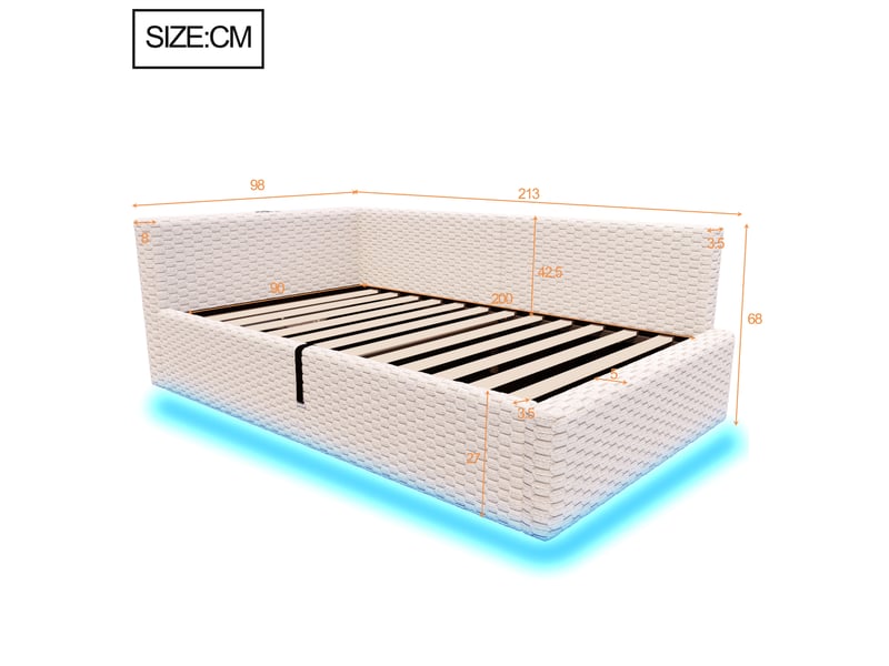  Lit coffre simple 90×200 cm avec led, 2 usb et type-c - okmyhome- rangement hydraulique, velours beige, sans matelas  - Conforama D