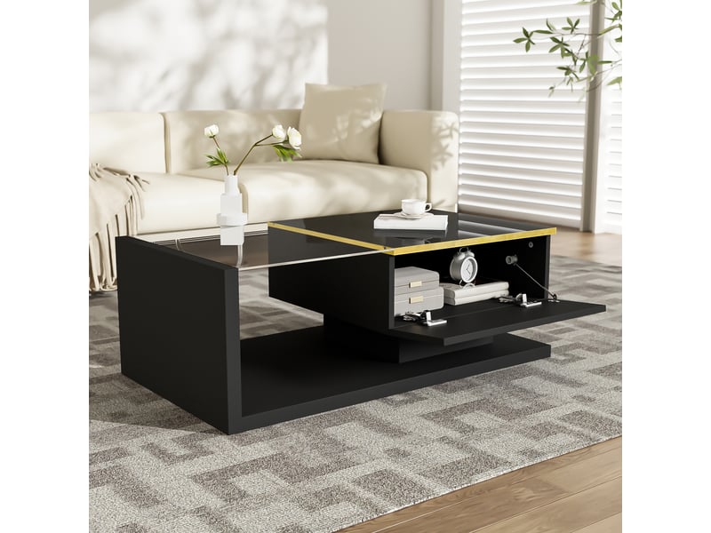 Table basse 90x50x32,5 cm avec led et plateau en verre trempé, rangement fermé et niche, panneaux de particules, noir ABC - Conforama E