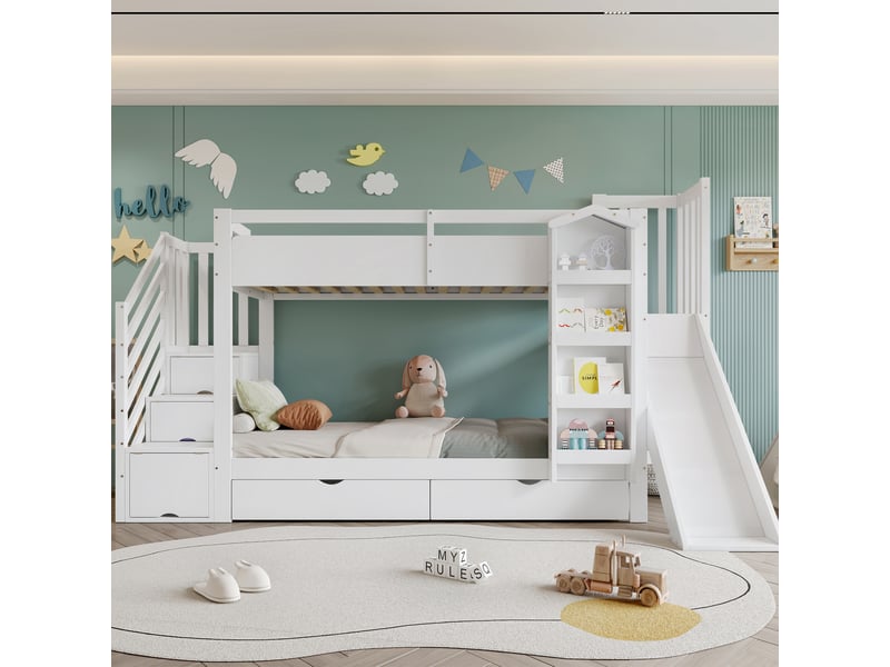 Lit superposé enfant 2 places 90×200 cm, toboggan, 2 tiroirs et escalier rangement - sans matelas, bois blanc - Conforama B