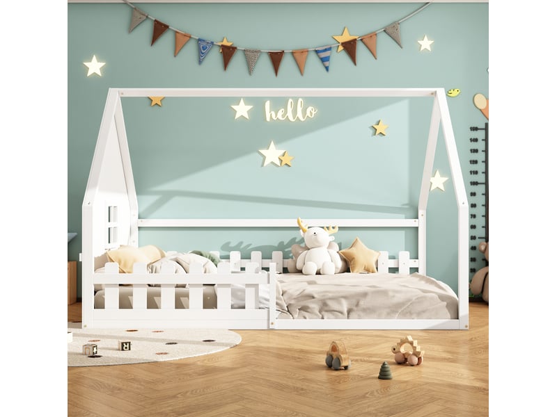 Lit enfant cabane 140 x 200 cm blanc avec barrières - Conforama D