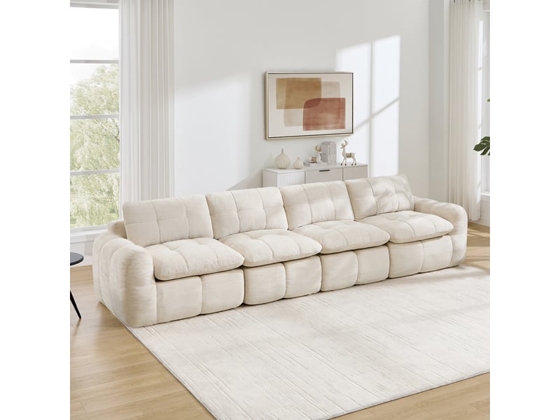 Canapé droit modulable 4 places en chenille beige – 334 x 97 x 68 cm Fay Lum - Conforama D