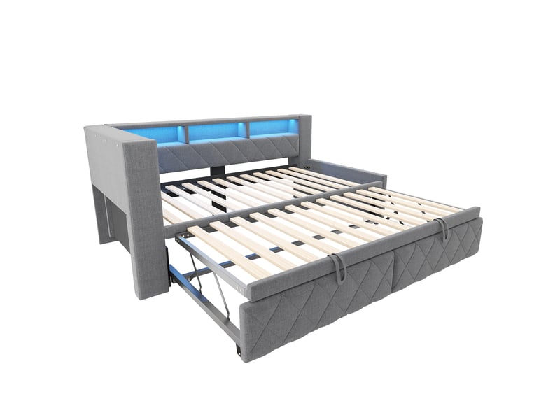  Lit banquette extensible 90 x 200 cm en lit double 180 x 200 cm avec led multicolore, ports usbusb-c et revêtement en lin gris sans matelas  - Conforama W