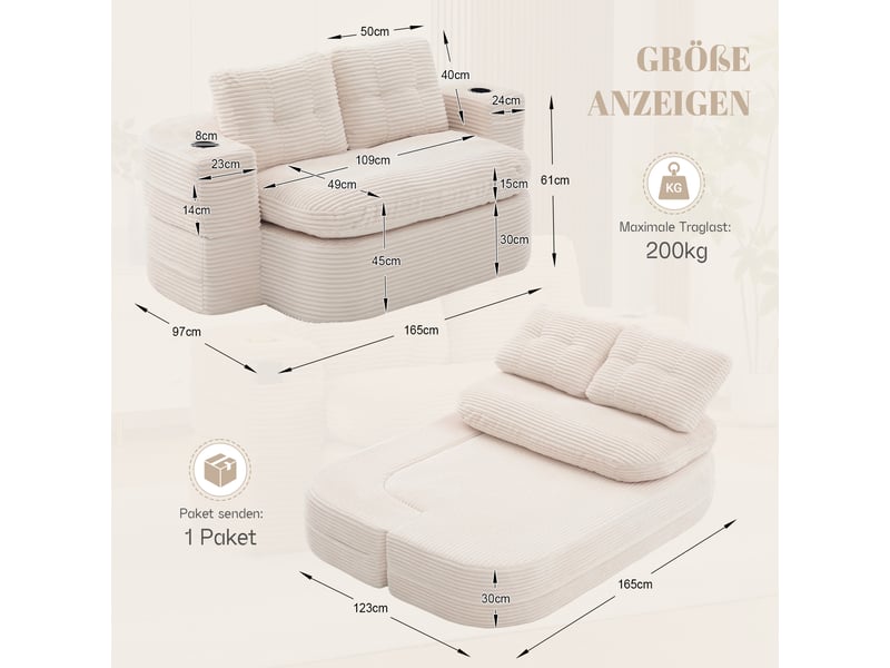 Canapé convertible 2 places – canapé-lit en velours côtelé, assise profonde, dossier haut, porte-gobelets intégrés, coussins inclus, mousse haute résilience, beige - Conforama D