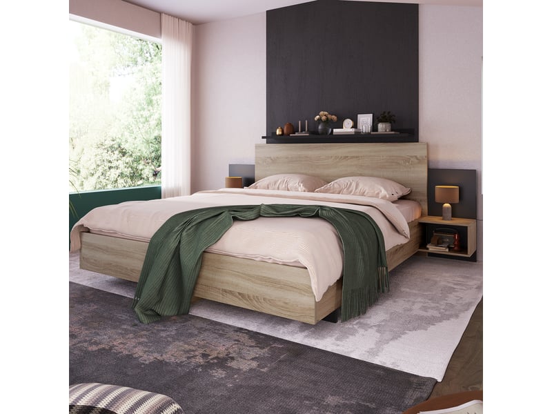 Ensemble de lit double 160x200 cm en bois moderne avec 2 tables de nuit, chambre à coucher complète - chêne sonoma et gris foncé Morn Vibe - Conforama B