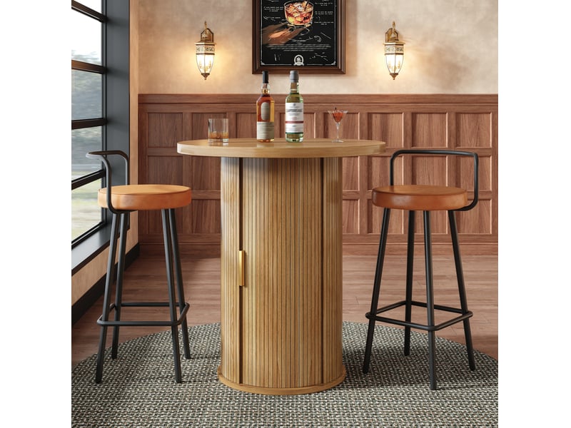  Table de salle à manger haute ronde avec rangement 1 porte coulissante et 4 étagères pour salon 60 × 60 × 91,6 cm  - Conforama D