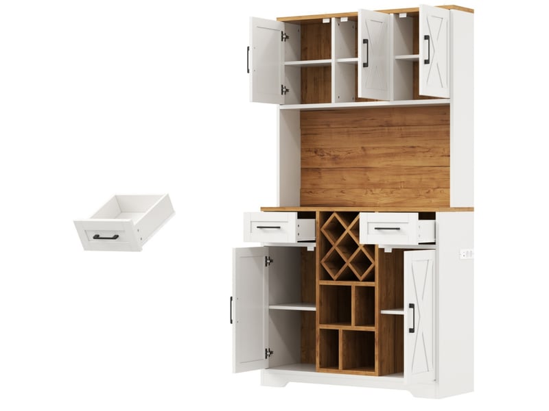  Buffet de cuisine en mdf 105x40x180 cm, 2 tiroirs, casier à bouteilles amovible, led et prises usb pour salle à manger  - Conforama C
