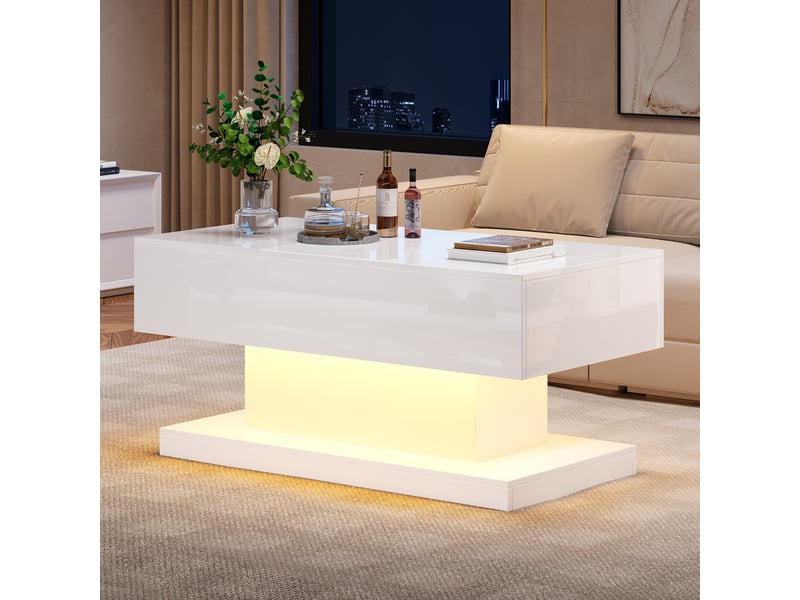  Table basse relevable blanche avec led 100x50x45 cm - plateau coulissant et rangement intégré  - Conforama D