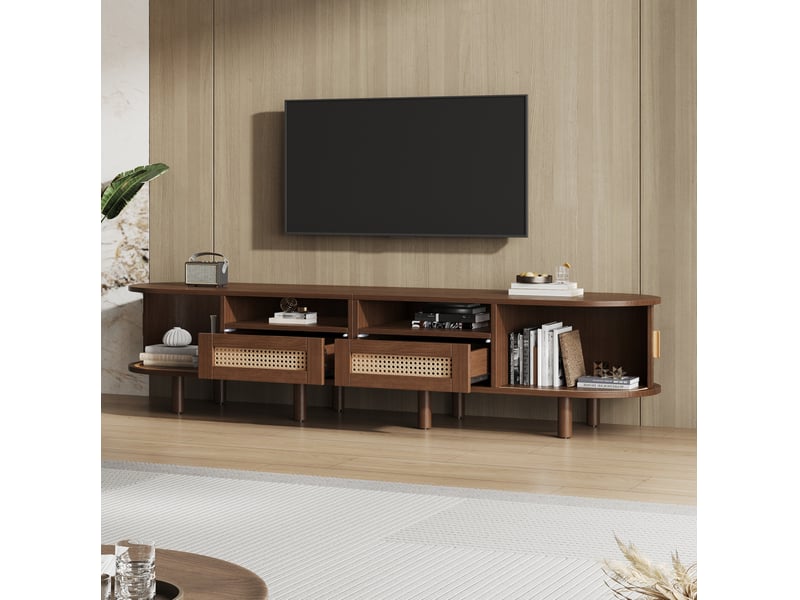  Meuble tv ovale meuble tele bas avec 2 tiroirs, 2 portes coulissantes, rangement mdf décor bois foncé, 170x40x40 cm  - Conforama D