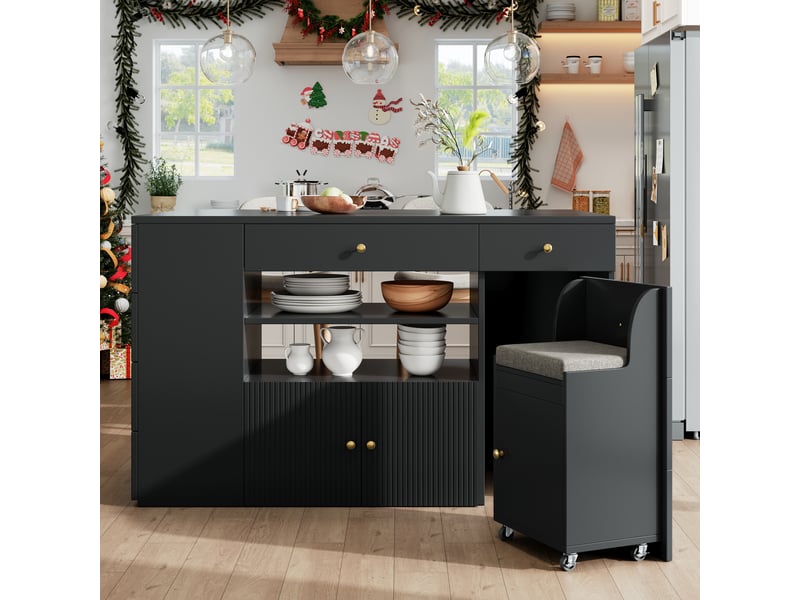  Îlot central avec tabouret et 6 tiroirs de rangement, îlot de cuisine noir en mdf et métal, dimensions 140x40x89 cm pour salle à manger  - Conforama R