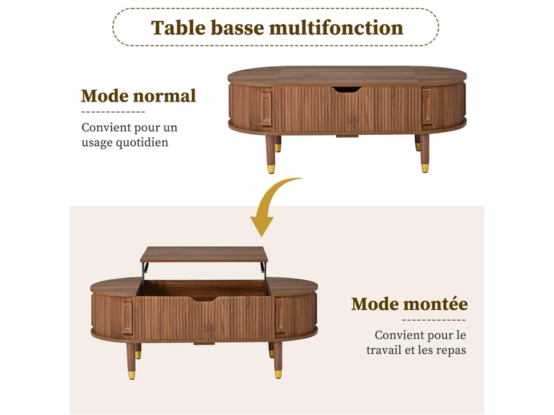 Table basse relevable 110x48x57 cm, rangement, portes coulissantes à rainures, noyer - Conforama D